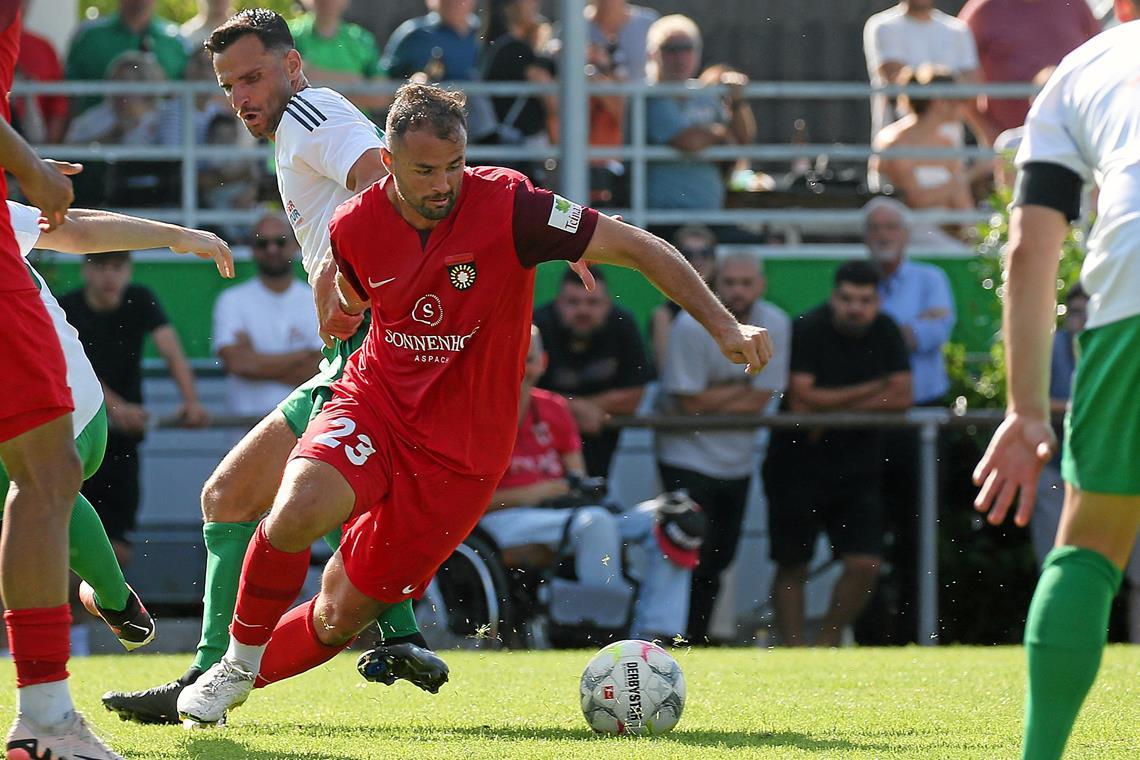 Fabian Eisele (in Rot) soll dem Sturm der SG Sonnenhof Großaspach zur nötigen Durchschlagskraft verhelfen. Foto: Baumann