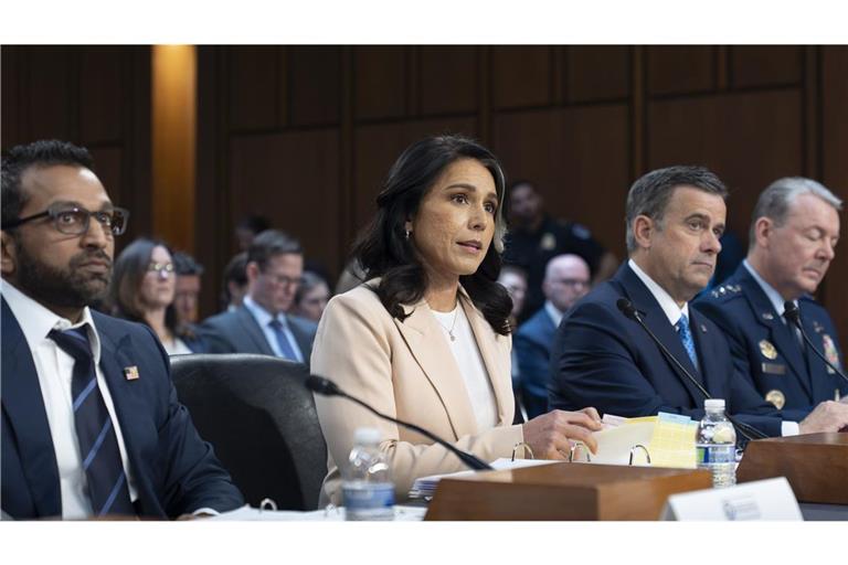 FBI-Direktor Kash Patel (l-r), Tulsi Gabbard, Direktorin des Nationalen Nachrichtendienstes, CIA-Direktor John Ratcliffe und Jeffrey Kruse, Direktor des Nachrichtendienstes des Verteidigungsministeriums, nehmen an einer Anhörung des Geheimdienstausschusses des US-Senats zu weltweiten Bedrohungen teil.