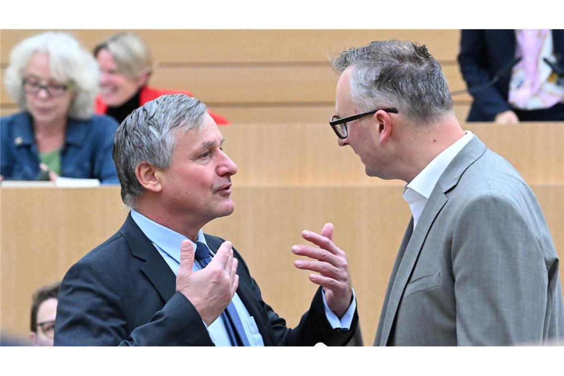 FDP-Landeschef Hans-Ulrich Rülke im Gespräch mit Grünen-Fraktionschef Andreas Schwarz.