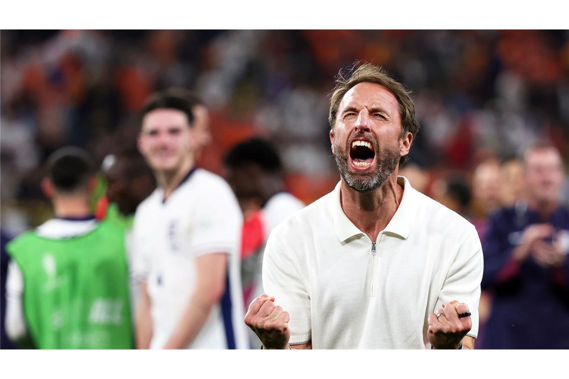 Freudenschrei: Englands Trainer Gareth Southgate jubelt über den Sieg. England bezwang die Niederlande mit 2:1 im Halbfinale der Fussball Europameisterschaft.