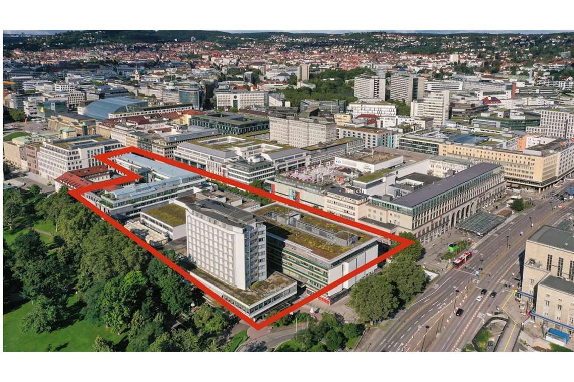 Gegenüber des Stuttgarter Hauptbahnhofes in der Königstraße soll das komplette Schlossgartenquartier revitalisiert werden: im Bildervordergrund das Hotel am Schlossgarten (links) und die Adressen Königstraße 1a und 1b (rechts), im Mittelteil das Gebäude Königstraße 1c zwischen Schlossgarten und Königstraße, oberhalb davon das Eckgebäude Königstraße 3.