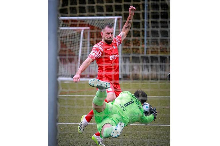 Gentian Lekaj erzielt das 1:0 für die TSG, wieder hier aber später gestoppt. Foto: Alexander Becher