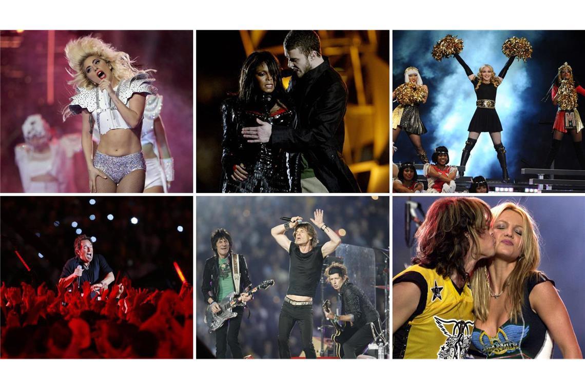 Hall of Fame der Halbzeitshows (von links oben im Uhrzeigersinn): Lady Gaga, Janet Jackson und Justin Timberlake, Madonna, Britney Spears und Steven Tyler, die Rolling Stones, Bruce Springsteen