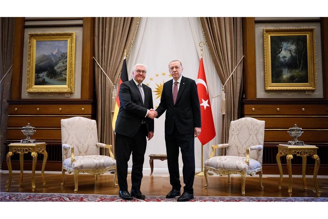 Handschlag in Ankara: Bundespräsident Frank-Walter Steinmeier (l) und der türkische Präsident Recep Tayyip Erdogan.