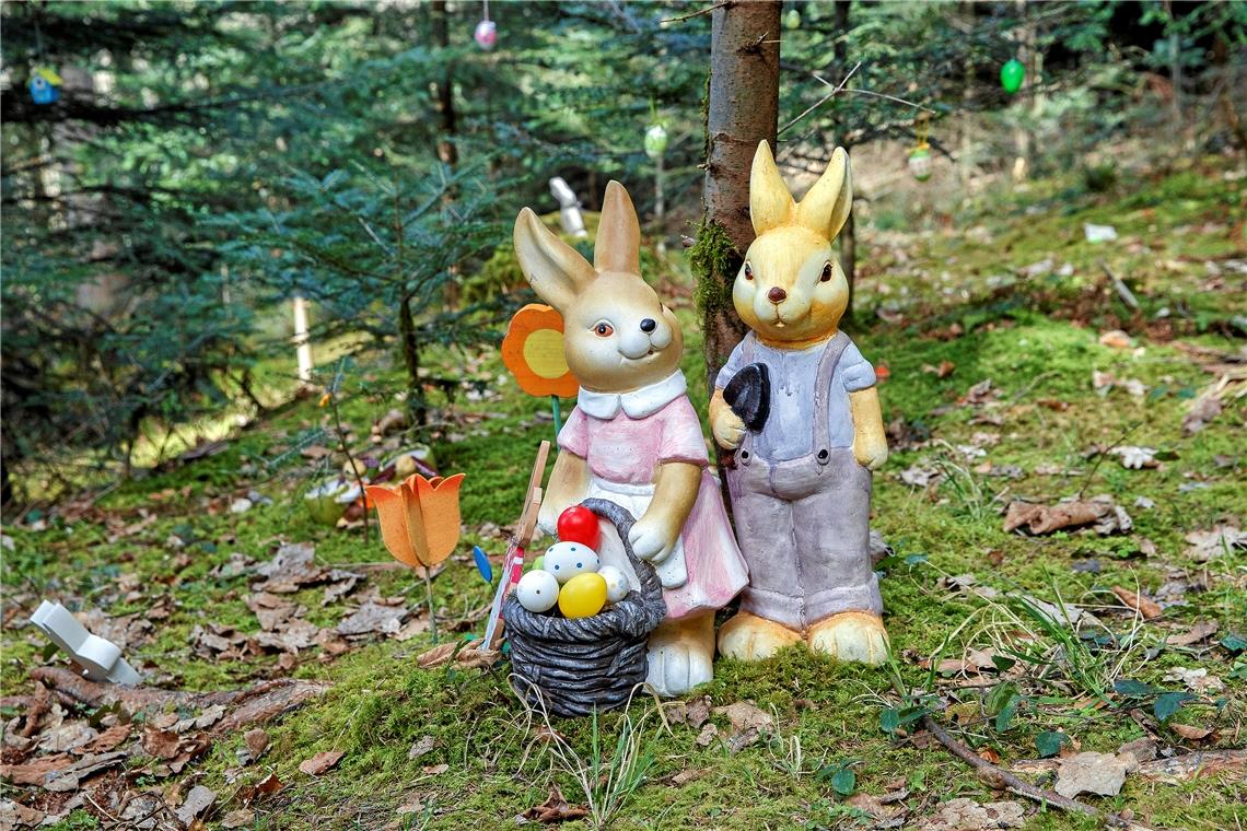 Frühblühermemory, Eierhindernislauf und Ostergärtle Hasenehepaar hält im Ostergärtle die Stellung. Fotos: J. Fiedler