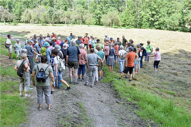 Hin und wieder sammeln sich die Wandersleut unterwegs und erfahren von Experten Interessantes zum jeweiligen Thema.Foto: Tobias Sellmaier