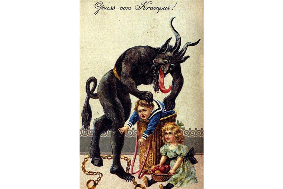 Im Alpenraum ist der Krampus eine Schreckgestalt, die Sankt Nikolaus zu Advent begleitet. Während Nikolaus die braven Kinder beschenkt, werden unartige Kids vom Krampus bestraft und in einen Sack oder Korb gesteckt. In anderen Gegenden übernimmt Knecht Ruprecht diese Aufgabe (Postkarte um 1900).