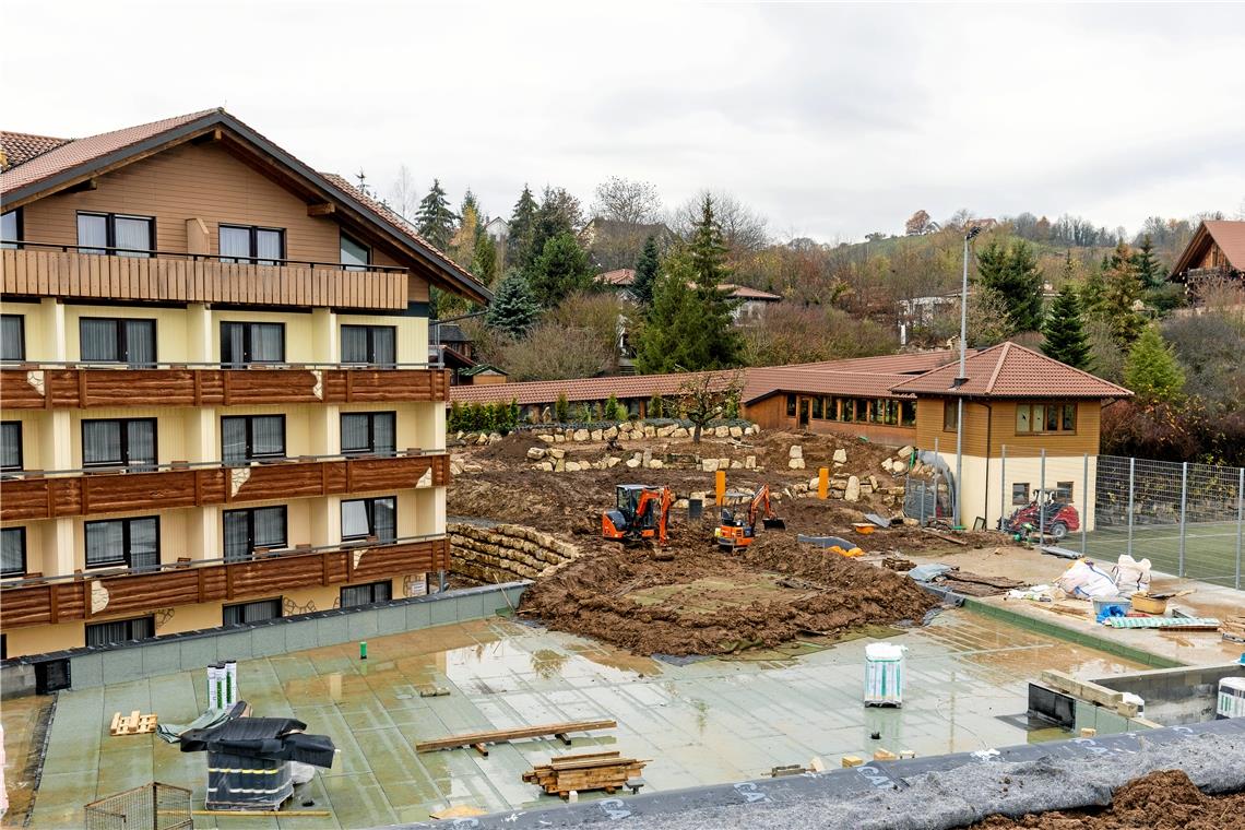 Im Außenbereich ist neben zwei Pools auch eine Liegewiese mit Badeteich vorgesehen. Hier laufen die Arbeiten aktuell noch.