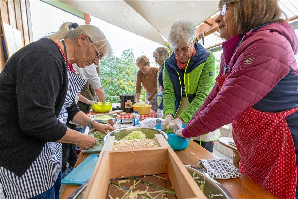 Im Kräutergarten von Ute Bartels schnippelten und raspelten die Workshopteilnehmer unter der Anleitung von Christa Schumacher leckeres Gemüse, das sich gut zum Fermentieren eignet: Kürbis, Rot-, Weiß- oder Spitzkohl, Karotten, Rote Bete und Kohlrabi. Fotos: Alexander Becher