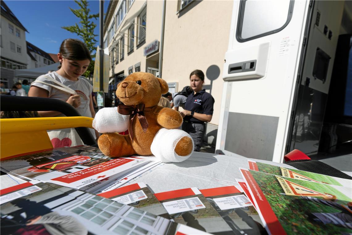 Im Rettungswagen des DRK können Kinder ihre Eltern oder Kuscheltiere verarzten.