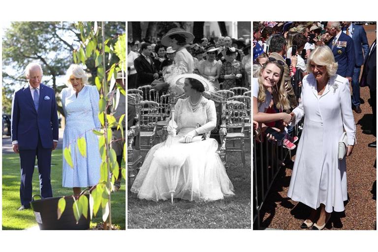 In Australien setzt Königin Camilla auf helle Töne – wie beim legendären „White Wardrobe“ von „Queen Mum“ Elizabeth Bowes-Lyon aus dem Jahr 1938 (Mitte).