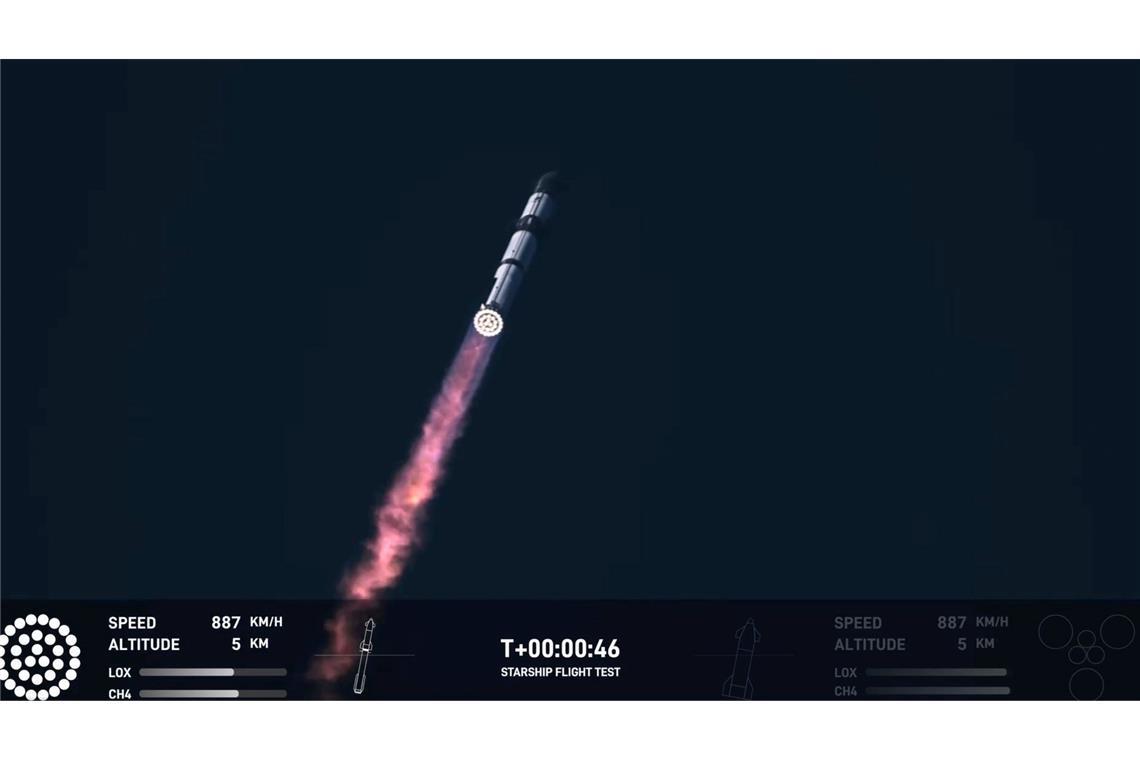 In diesem Bild aus einem von SpaceX zur Verfügung gestellten Video hebt eine SpaceX Starship-Rakete in Boca Chica, Texas, ab.