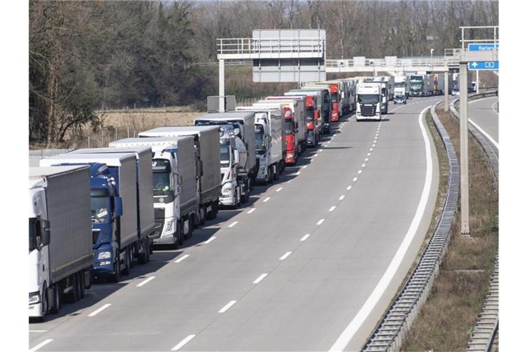 In einer langen Schlange stauen sich Lkw vor der Grenze an der A5. Foto: Patrick Seeger/dpa