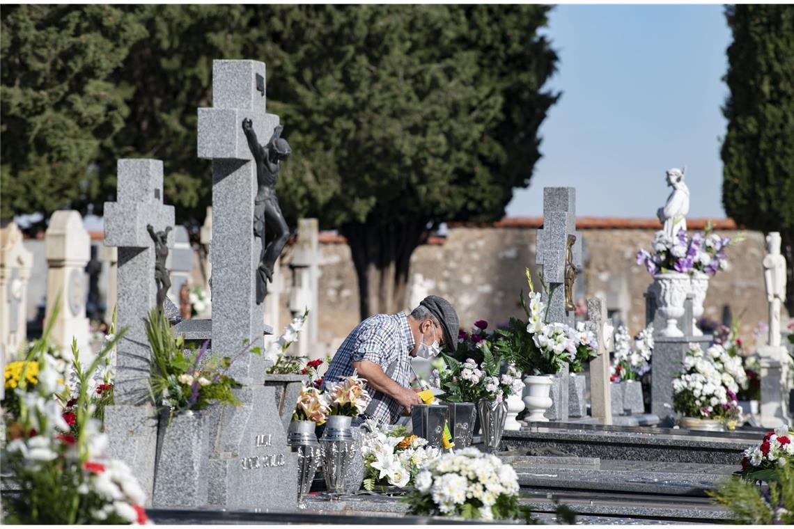 In Spanien legt ein älterer Mann an Allerheiligen Blumen auf ein Grab.