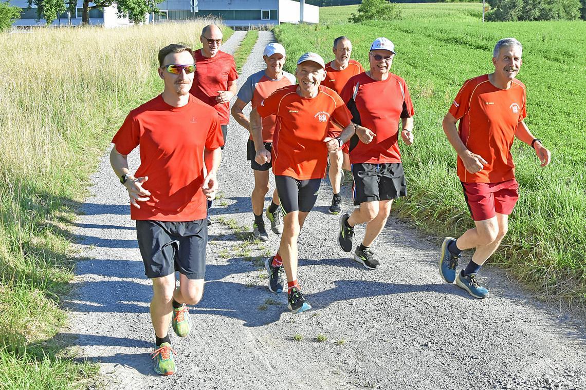 Jeden Montag kommt der Lauftreff der Murrtal-Runners mit Teilnehmern wie Tim Sirnsak, Norbert Büter, Wolfgang Schwarz, Hans Kroner, Klaus-Dieter Veith, Dirk Bendrich und Matthias Nothstein (von links) in Kleinaspach zusammen. Mittwochs ist die Mühlfeldhalle in Großaspach der Ausgangspunkt für die Einsteiger. Foto: Tobias Sellmaier