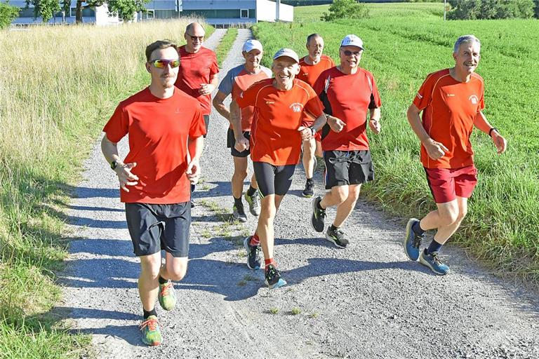 Jeden Montag kommt der Lauftreff der Murrtal-Runners mit Teilnehmern wie Tim Sirnsak, Norbert Büter, Wolfgang Schwarz, Hans Kroner, Klaus-Dieter Veith, Dirk Bendrich und Matthias Nothstein (von links) in Kleinaspach zusammen. Mittwochs ist die Mühlfeldhalle in Großaspach der Ausgangspunkt für die Einsteiger. Foto: Tobias Sellmaier