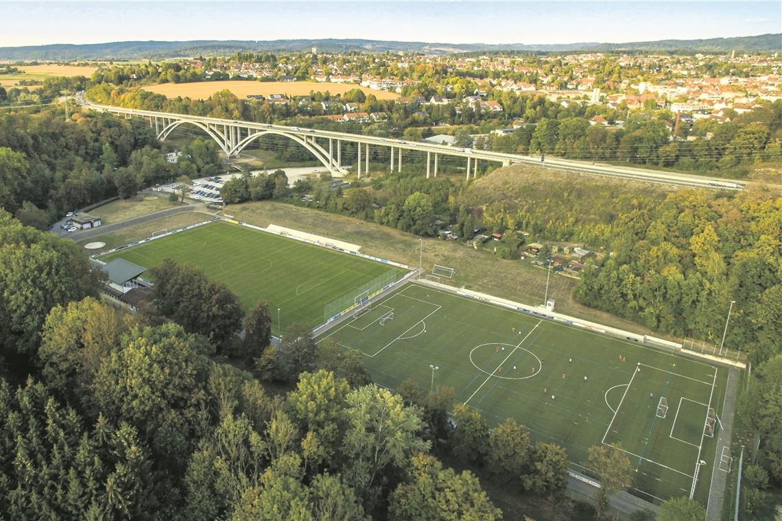 Könnte sich in einigen Jahren mit einem aufgehübschten Erscheinungsbild präsentieren: Die Sportanlage in den Backnanger Etzwiesen. Im Bereich der Parkplätze denkt die Stadt an einen weiteren Kunstrasen, die TSG-Fußballer beschäftigen sich mit einem neuen Vereinsheim. Foto: A. Becher