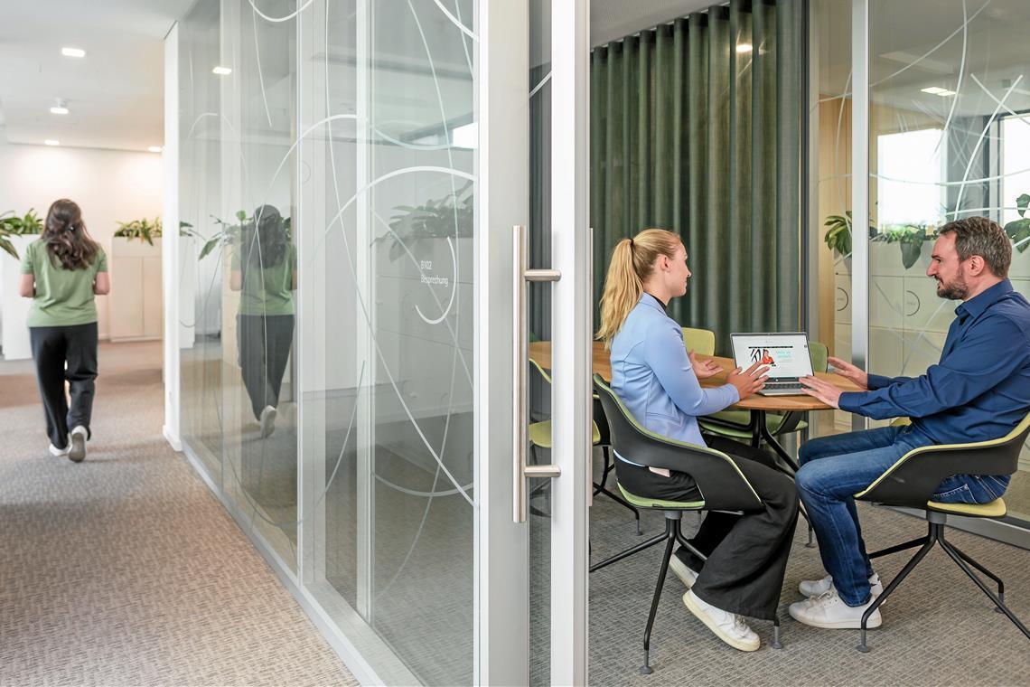 Kristin Igerst vom Haupt- und Personalamt und Stefan Schewe vom Gesundheitsamt bei einer Besprechung in den neuen Räumen im Landratsamtstandort in der Waiblinger Rötestraße. Foto: Heiko Potthoff