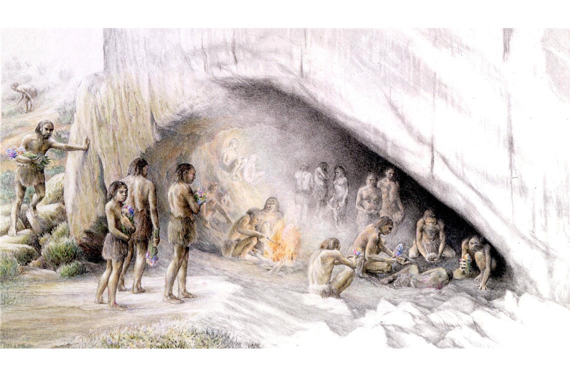 Künstlerische Darstellung einer Neandertaler-Sippe vor ihrer Höhlenbehausung.