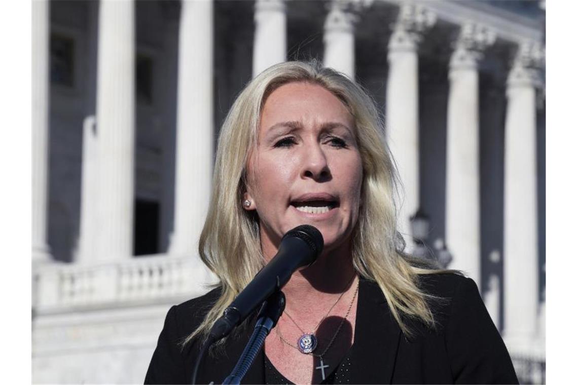 Empörung über Holocaust-Vergleich von Trump-Anhängerin Marjorie Taylor Greene bei einer Pressekonferenz in Washington. Foto: Lenin Nolly/ZUMA Wire/dpa
