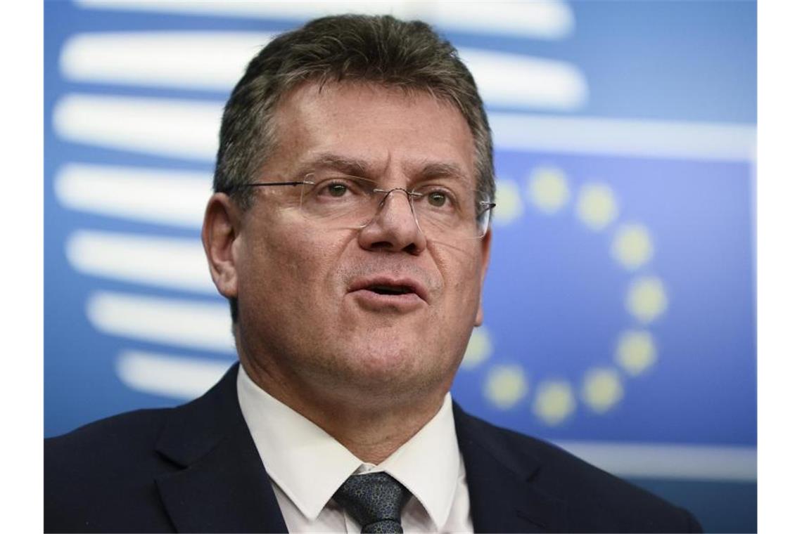 Vorwürfe und Forderungen: Krisentreffen zu Nordirland Maros Sefcovic, Vizepräsident der Europäischen Kommission, bei einer Pressekonferenz nach einer informellen Videokonferenz der EU-Europaminister im Sitz des Europäischen Rates in Brüssel. Foto: Johanna Geron/Reuters Pool/AP/dpa