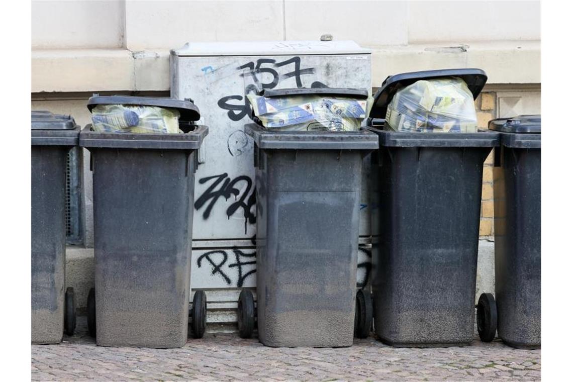 Mehrere volle Mülltonnen stehen an einer Hauswand. Foto: Jan Woitas/dpa-Zentralbild/dpa/Symbolbild