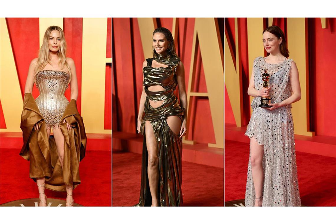 Metallic war auch bei der After-Show-Party der Trend (von links): Margot Robbie, Heidi Klum und Emma Stone.