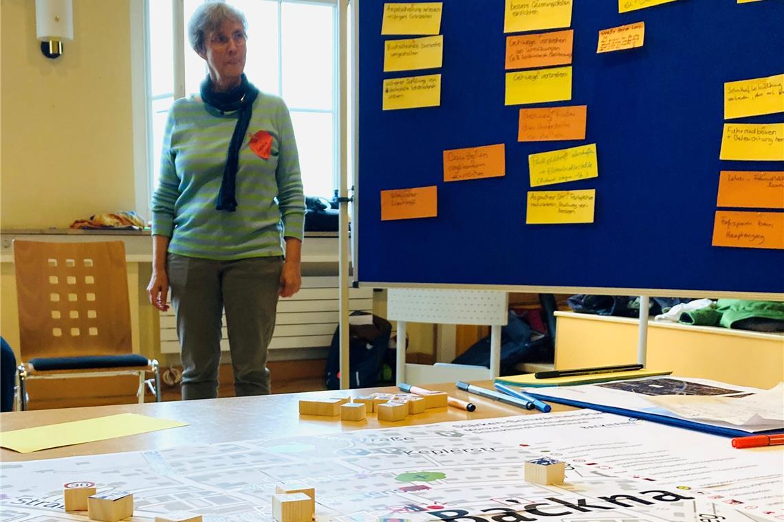 Mit Klötzchen haben die Workshopteilnehmer auf der Karte Schwachstellen markiert. Gemeinsam mit Projektleiterin Katalin Saary entwickeln sie mögliche Lösungen. Foto: K. Fritz