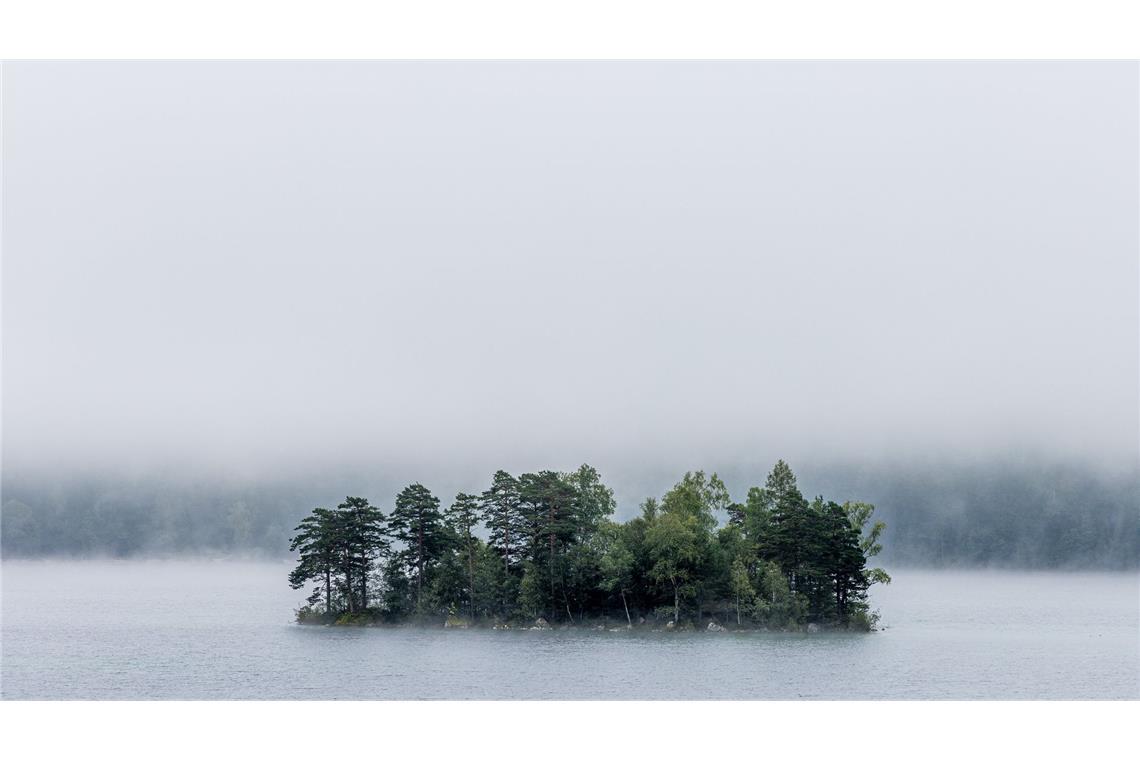 Nebelschwaden ziehen über den Eibsee in Bayern.