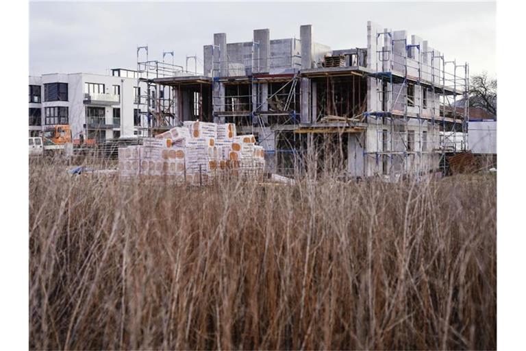 Neu gebaute Häuser stehen hinter einer noch unbebauten Fläche eines Neubaugebiets. Foto: Uwe Anspach/dpa