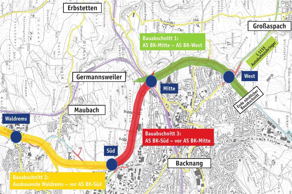 Neue Reihenfolge angeregt: Nun soll erst der Abschnitt zwischen Backnang-West und Backnang-Mitte gebaut werden. Los geht’s voraussichtlich mit dem zweiten Viadukt im Jahr 2022. Karte: Stadt Backnang