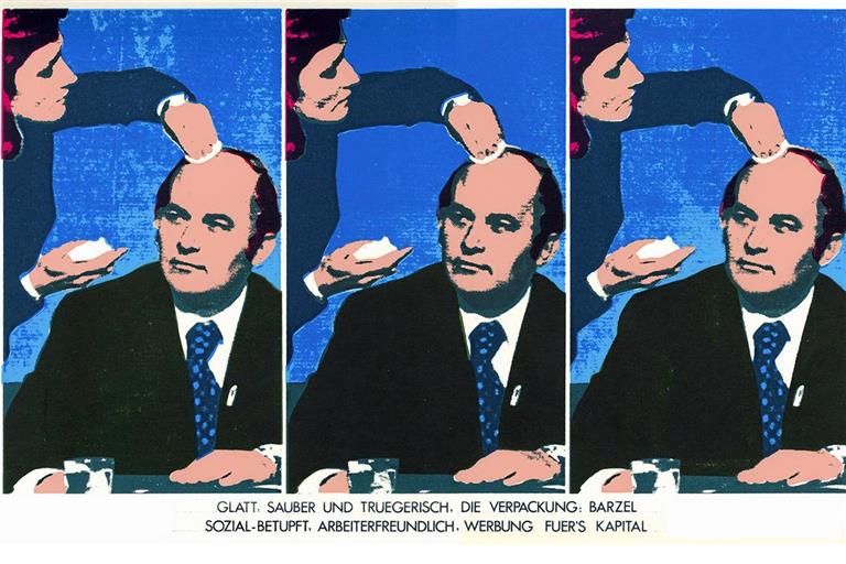 Nicht wenige deutsche Werke der Zeit transportieren auch politische Inhalte – wie etwa der Siebdruck „Glatt, sauber und trügerisch“ von Hans-Dieter Sumpf aus den Jahren 1972/73.