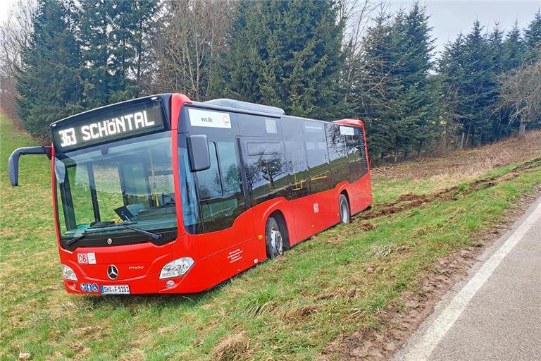 Nichts geht mehr. Der Bus muss von einem Abschleppdienst aus der Wiese gezogen werden. Foto: privat