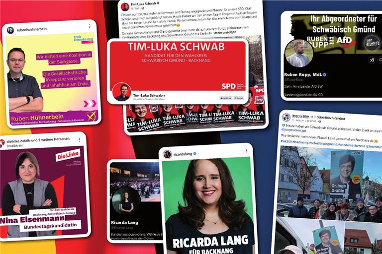 Ob auf Instagram, Facebook, X oder Tiktok: Die Kandidatinnen und Kandidaten im Wahlkreis Backnang/Schwäbisch Gmünd kämpfen auch auf den verschiedenen Social-Media-Plattformen um die Gunst der Wähler. Gestaltung: Sindy Koch; Grafik: Adobe Stock/Westlight