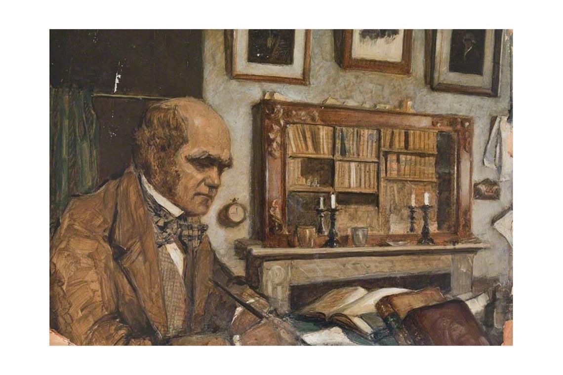 Ölgemälde von Victor Eustaphieff (1916-1989), das Charles Darwin in seinem Arbeitszimmer in Down House in der Gemeinde Downe (englische Grafschaft Kent) südlich von London zeigt.