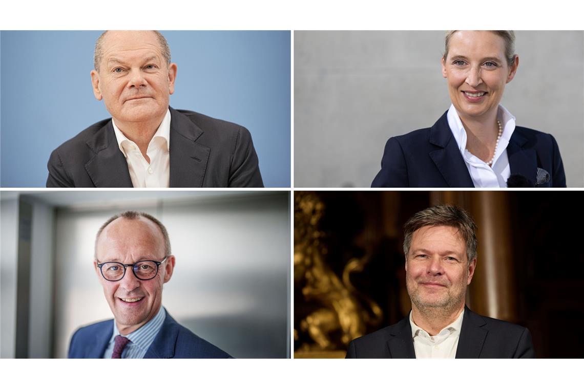 Olaf Scholz (SPD), Alice Weidel (AfD), Friedrich Merz (CDU), Robert Habeck (Bündnis 90/Die Grünen) - Kanzlerkandidaten ihrer Parteien bei der Bundestagswahl. (Archivbild)