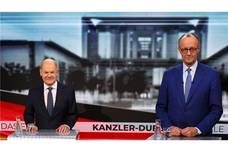 Olaf Scholz und Friedrich Merz im TV-Duell der „Bild“ und der „Welt“.