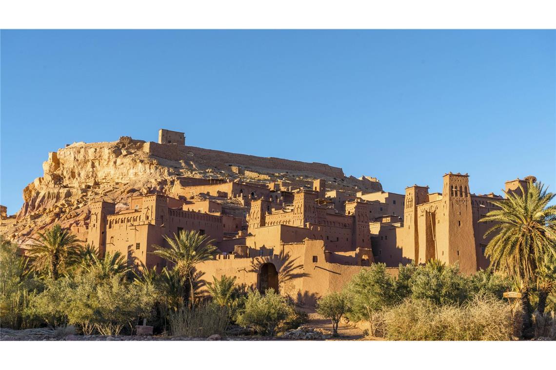 Panoramablick auf die Lehmstadt Ait Ben Haddou, Unesco-Kulturerbe in  Marokko, Afrika.