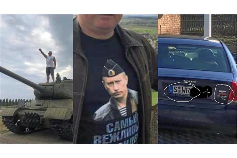 Posen auf dem Panzer, Putin auf dem T-Shirt, prorussischer Sticker auf dem Auto: Diese und weitere Fotos hat Alexander Yudenkov auf Facebook und dem russischen Netzwerk VK veröffentlicht. Collage: Backstage Classical 