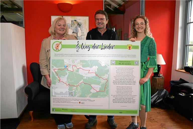 Präsentation der Start-Infotafel (von links): Annette Ehle, Vorsitzende des Vereins Regionalentwicklung Schwäbischer Wald, Bürgermeister Christoph Jäger, der den 13,1 Kilometer langen Rundweg erfasst und kartiert hat, und Waldfee Michelle Fuchs. Foto: Elisabeth Klaper