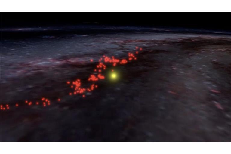 Radcliffe-Welle: Die Wolken, die diese Struktur bilden, sind in Rot hervorgehoben und auf eine künstlerische Darstellung der Milchstraße überlagert. Die Position der Sonne ist durch den gelben Punkt markiert.