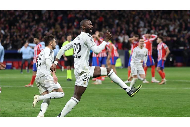 Real-Verteidiger Antonio Rüdiger feiert seinen entscheidenden Treffer gegen Atlético im Champions League-Achtelfinale.