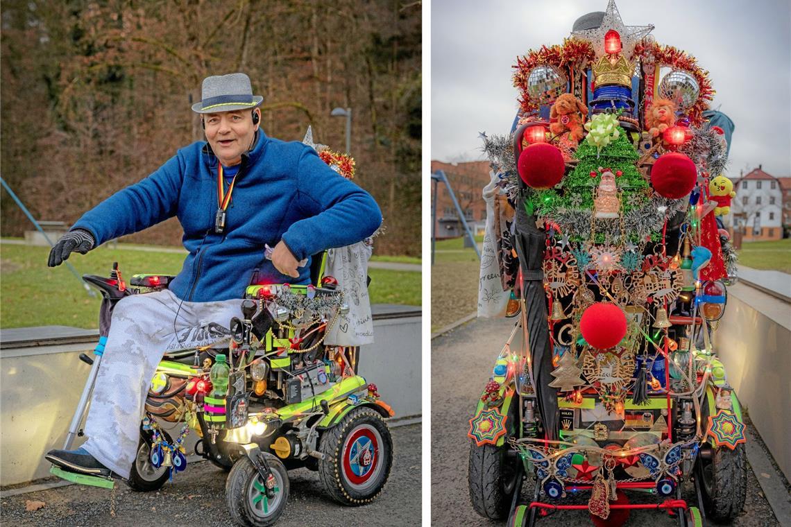 Reich behängt: Viktor Schmidt dekoriert seinen elektrischen Rollstuhl jedes Jahr üppig mit Weihnachtsschmuck. Fotos: Alexander Becher