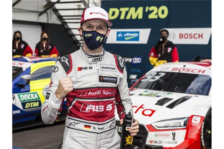 René Rast vom Audi Sport Team Rosberg jubelt in Zolder. Foto: Thomas Suer/Hoch Zwei/ITR/DTM/dpa