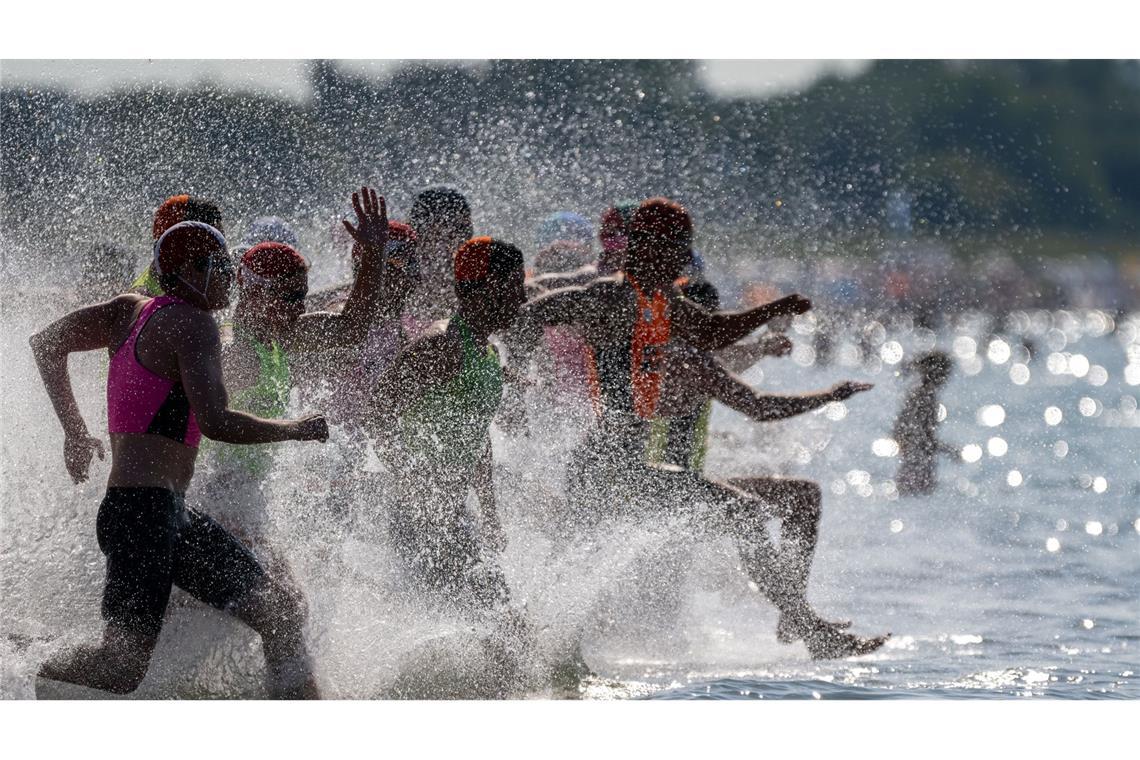 Rettungsschwimmer laufen ins Wasser: Rund 190 Rettungsschwimmer aus fünf Ländern nehmen an dem Finale in der Disziplin "Oceanman" in Warnemünde teil.