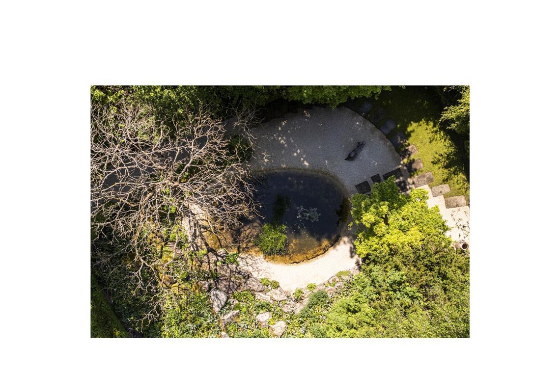 Roland Doschka hat in seinem Monet-Raum  im französischen Garten diesen Teich angelegt – der an ein Auge gemahnt. Das Wasser stellt die  Pupille und die Iris dar, der weiße Kies ist die Lederhaut,  die schwarzen Steinplatten sind die Wimpern.