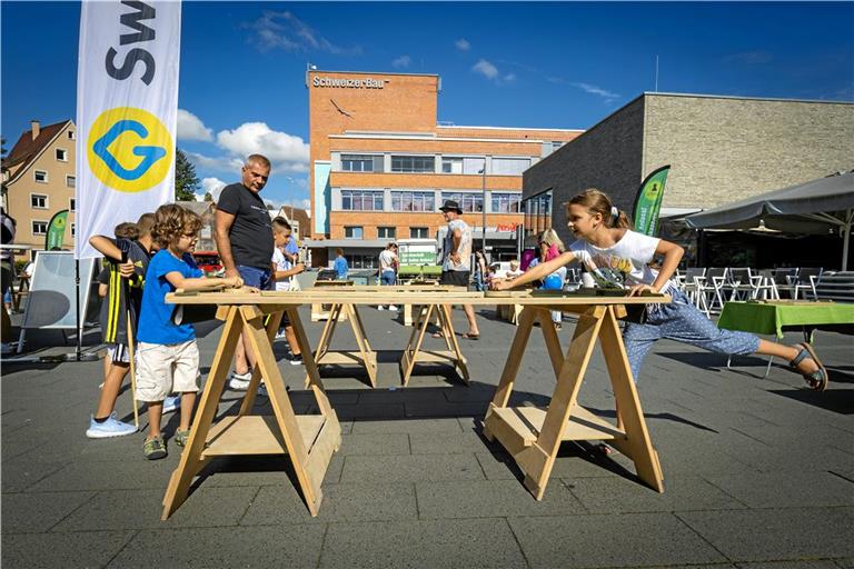 Sam und Hannah spielen bei strahlendem Sonnenschein auf dem Holzspielparcours an der Bleichwiese. Fotos: Alexander Becher