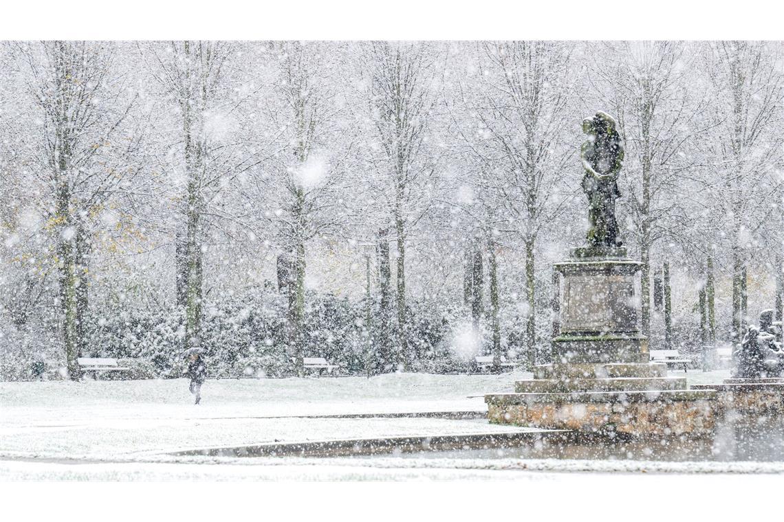 Schnee fällt in dichten Flocken am Hollersee im Bürgerpark in Bremen.