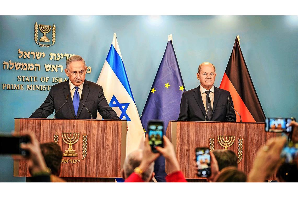 Schwierige Mission: Bundeskanzler Olaf Scholz (SPD) im März bei Israels Premier Netanjahu (r.).