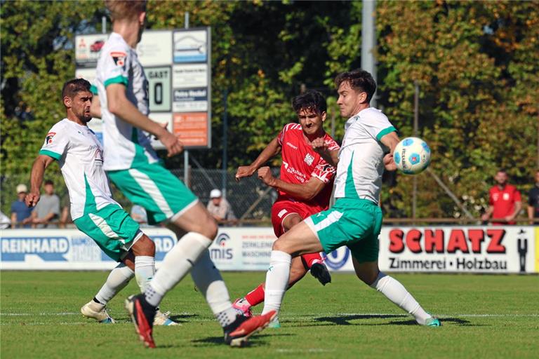 Shaban Veselaj (Mitte) und die TSG feiern den zweiten Saisonsieg. Einen Treffer steuert der Angreifer zum 4:3-Erfolg bei. Foto: Alexander Hornauer